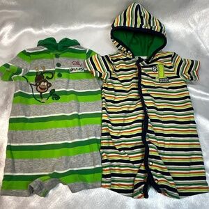 Okie Dokie Baby Boy Romper Bundle 6-9M | Striped Hooded & Silly Monkey Outfit